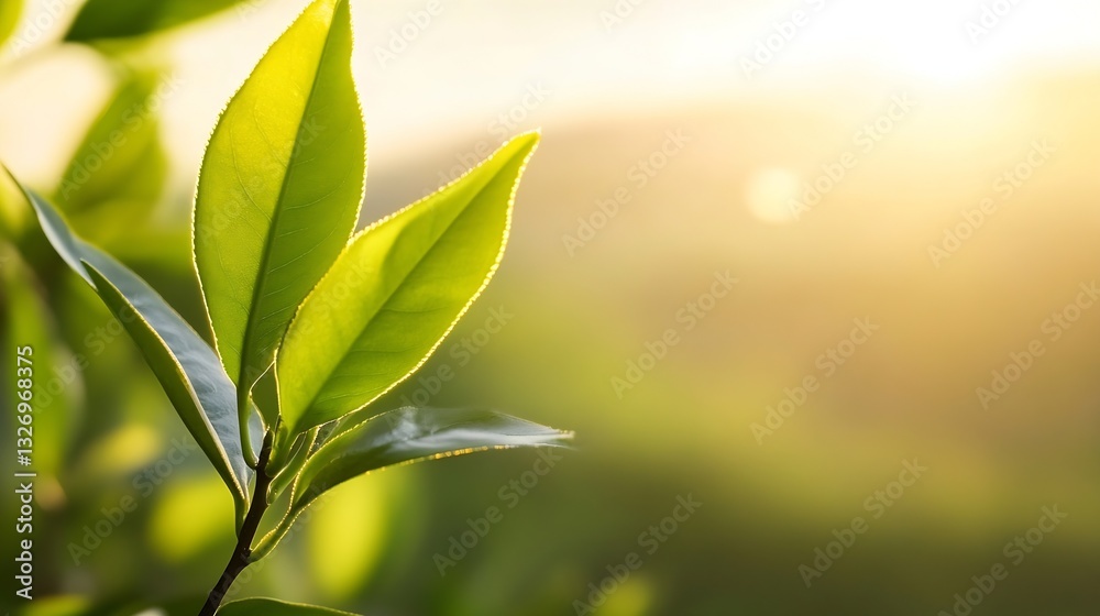 Aufkleber closeup of fresh green leaves illuminated by sunlight creating a warm and inviting atmosphere : gene