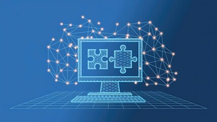 Fototapeta premium Abstract desktop and jigsaw puzzle on screen. Business solution concept on dark background. Monochrome light blue hologram style. Low poly wireframe vector illustration with connected glowing dots 