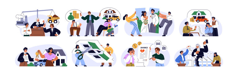 Property division set. Divorced couple in conflict over real estate, business, dividing house, money. Lawyer, court for agreement in argument. Flat vector illustration isolated on white background