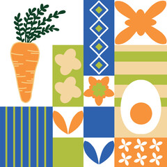 A vibrant Easter-themed patchwork illustration with geometric patterns, a carrot, flowers, and a decorative egg. Perfect for seasonal decorations and creative projects.