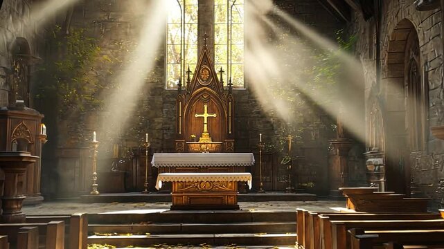 Serene church interior with sunlight illuminating altar and wooden pews, featuring stained glass that creates peaceful and religious atmosphere in stunning architecture.
