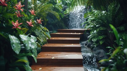 Obraz premium Serene Tropical Paradise: Wooden Steps Leading to a Waterfall