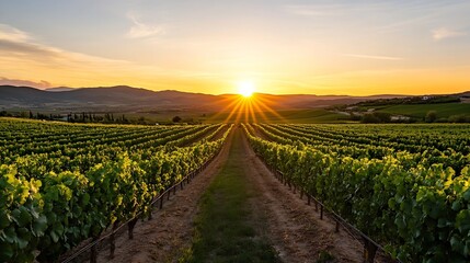 Sunlight shining over lush vineyard landscape at sunset with rows of grapevines and distant hills in background : Generative AI
