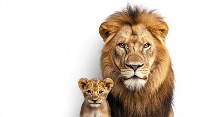 Obraz premium Adult Lion and Cub Portrait Against White Background