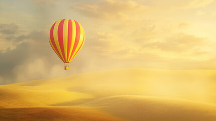 Obraz premium Majestic Red-Yellow Balloon Drifting Over Peaceful Golden Field At Sunset With Copy Space
