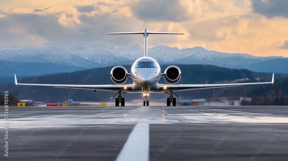 Poster modern business jet ready for takeoff on a runway with a breathtaking backdrop of mountains and suns
