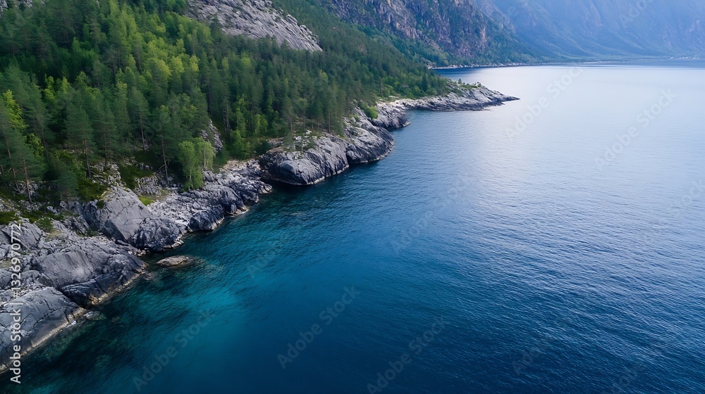 Poster aerial view of rocky coastline and calm blue sea surrounded by lush green tree coverage : generative
