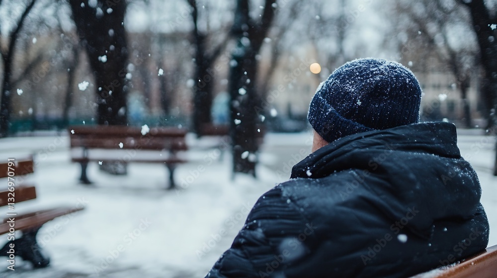 Poster contemplative man sitting on a park bench surrounded by falling snow in winter atmosphere : generati