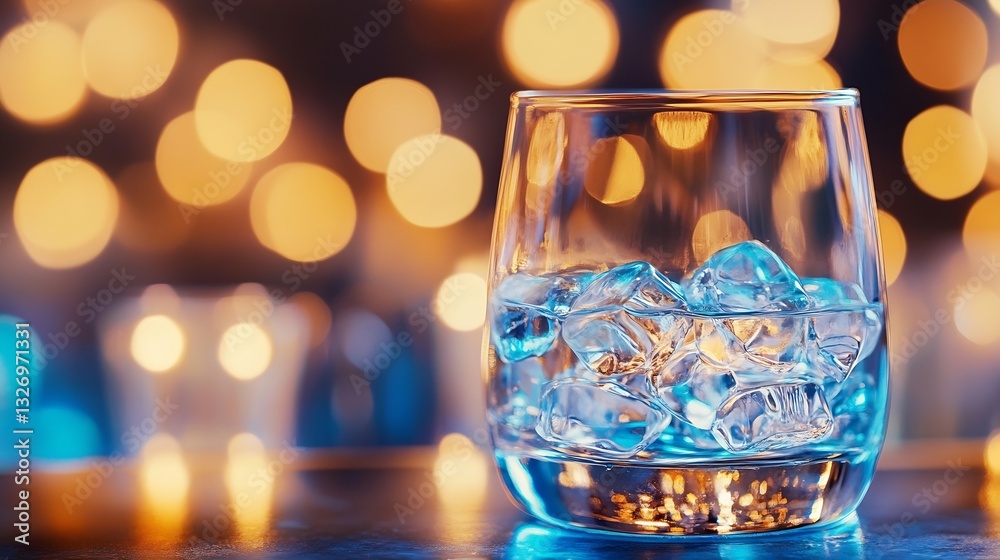 Poster stunning glass of ice water sparkling under soft bokeh lights for an eyecatching refreshment image :