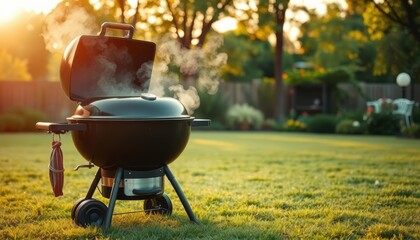 Sunny yard BBQ reunion with charcoal grill on green lawn