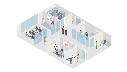 Isometric flat 3d abstract office floor interior departments concept vector. conference hall, offices, workplaces, director of the office interior