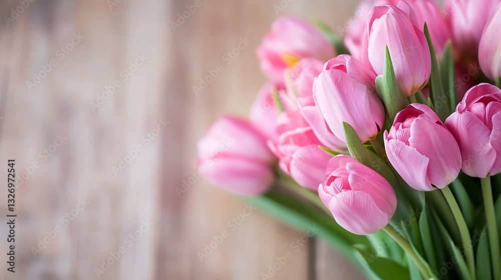 Aufkleber beautiful bouquet of pink tulips arranged elegantly on a rustic wooden table background : generative