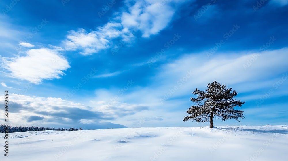 Poster isolated pine tree on a snowy hill under a bright blue sky with fluffy clouds striking a contrasting