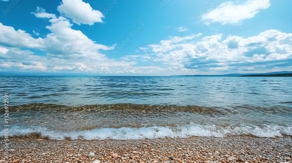 Poster stunning view of the beach with gentle waves lapping against the shore under a blue sky : generative