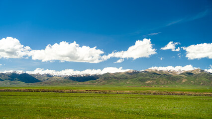 snowy mountain peaks on a background of green hills