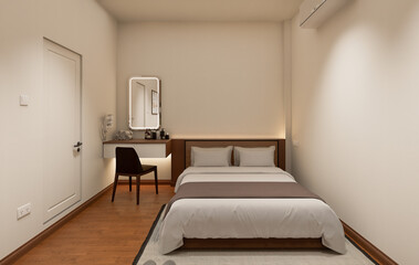 Interior of modern bedroom with beige and wooden walls, wooden floor.