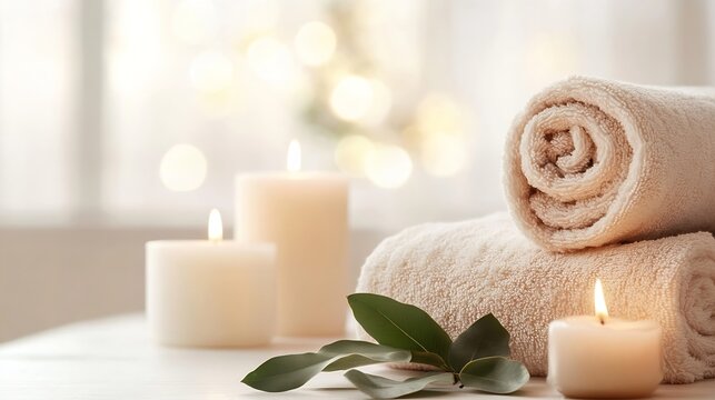 Relaxing spa setup featuring soft towels candles and natural greenery creating a tranquil ambiance : Generative AI