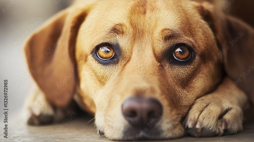 Poster closeup of a sad dog staring with brown eyes showcasing emotion and connection to its owner : genera