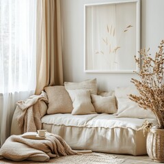 Serene Interior Scene with Beige Sofa Pillows Curtains and Dried Flowers in a Wicker Basket Creating a Cozy and Relaxing Atmosphere