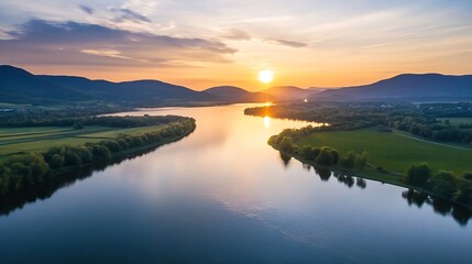 Stunning Aerial View of Serene River with Vibrant Sunset Reflections : Generative AI