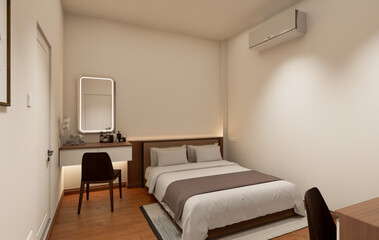 Interior of modern bedroom with beige and wooden walls, wooden floor.