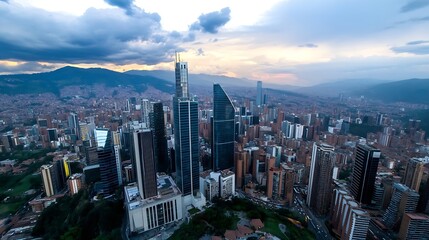 Obraz premium Aerial view of Medellin Colombia showcasing modern skyscrapers and mountainous backdrop : Generative AI