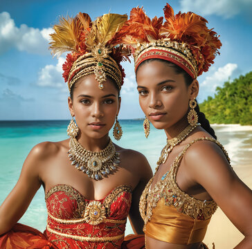 Two women, dressed in traditional Tinikling dancers' brightly colored attire and intricate jewelry, stand gracefully on a serene tropical beach