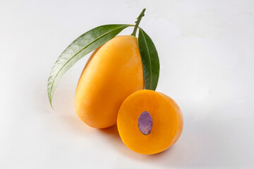 Sweet Yellow Marian Plum isolated on white background, Tropical fruit Marian Plum, Mayongchid, on white background