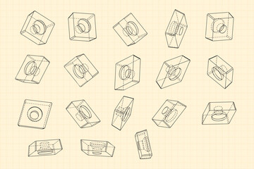 Mechanical engineering drawings on sepia background. Cutter, assembly tool with replaceable multi-faceted plate. Technical Design. Cover. Blueprint. Vector illustration.