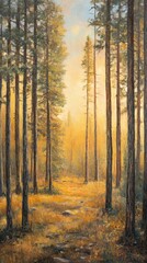 Obraz premium Golden Sunlight Illuminates a Peaceful Pine Forest Path