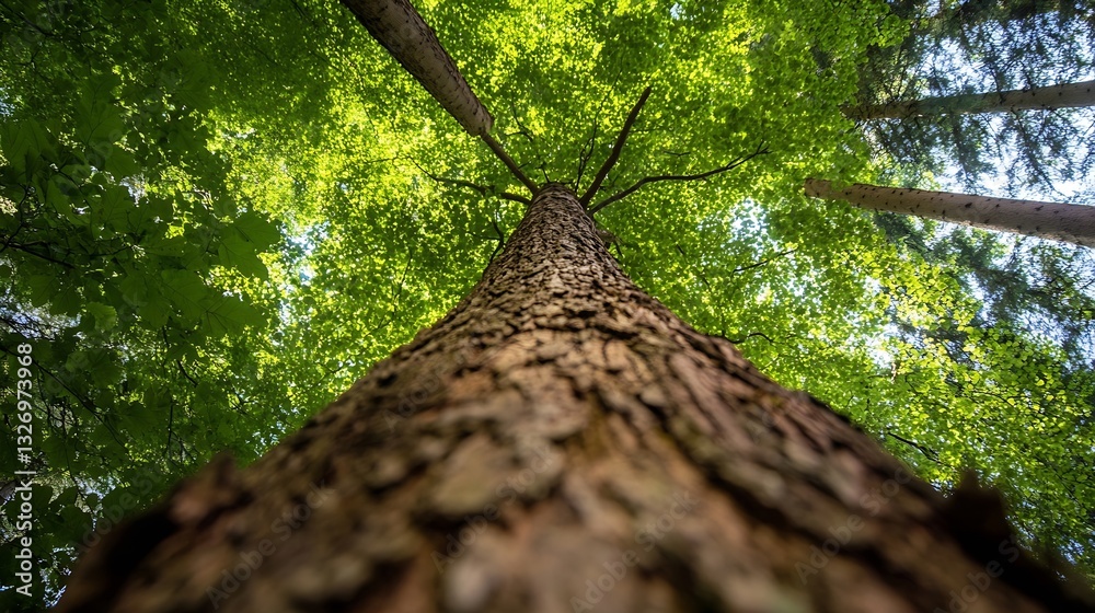 Poster Majestic view looking up at a tall tree with lush green foliage filtering sunlight from above : Generative AI