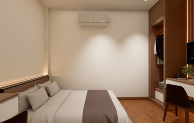 Interior of modern bedroom with beige and wooden walls, wooden floor.