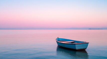Naklejka premium Calm water surface reflecting soft pink and purple hues with a small boat in the distance : Generative AI