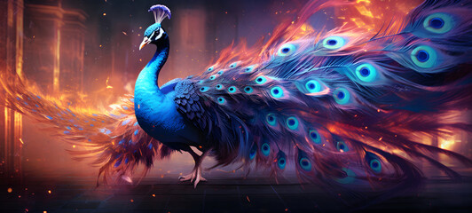 masterpiece,best quality, a flaming peachock, Realistic photo,8K wallpaper,Ultra-high,blue flash, resolution,freedom<lora:机甲peacock, ai generative