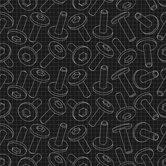 Mechanical engineering drawings on black background. Cutter, assembly tool with replaceable multi-faceted plate. Technical Design. Cover. Blueprint. Vector illustration. Seamless pattern.