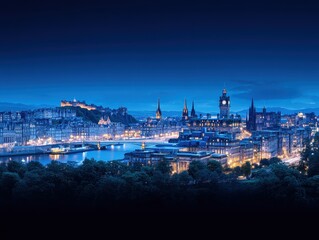 Obraz premium A stunning night view of a vibrant city skyline illuminated by lights, showcasing historical architecture and a calm river reflecting the glow, perfect for travel and cityscape themes