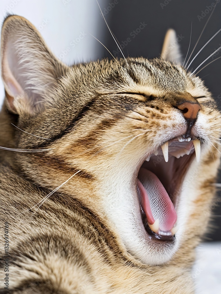 Poster Adorable Cat Yawning Wide with Relaxed Expression in Home Setting Captured Close Up : Generative AI