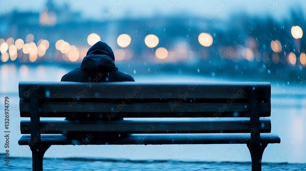 Poster Lonely figure on a bench during snowfall with beautiful bokeh lights in a serene winter landscape : Generative AI