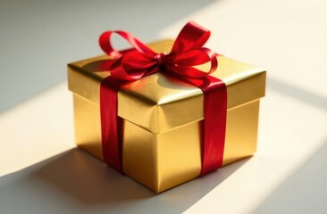 Fototapeta premium Elegant golden gift box wrapped with red ribbon shining in daylight