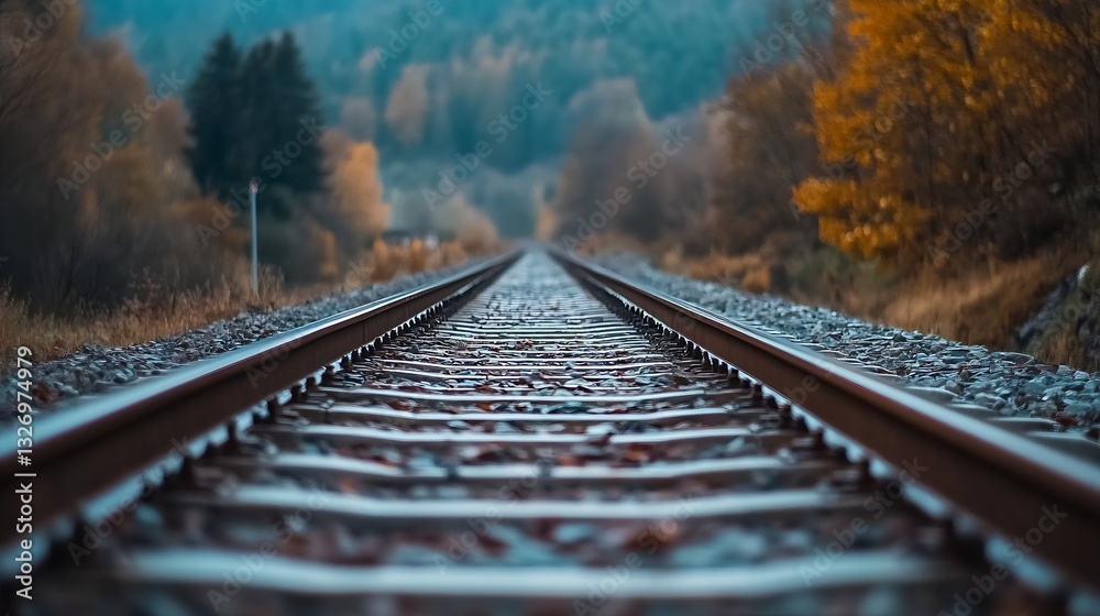 Poster scenic railway tracks stretching into the horizon surrounded by autumn trees under a vibrant sky : g