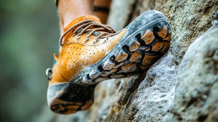 Close-up of a climber's shoe on a rock face, showcasing texture and grip.