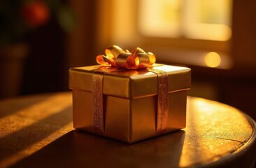 Beautifully wrapped golden gift box with intricate ribbon in sunset light
