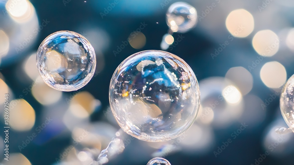 Fototapete bubbles floating in air with a beautiful blur of light and colorful background : generative ai