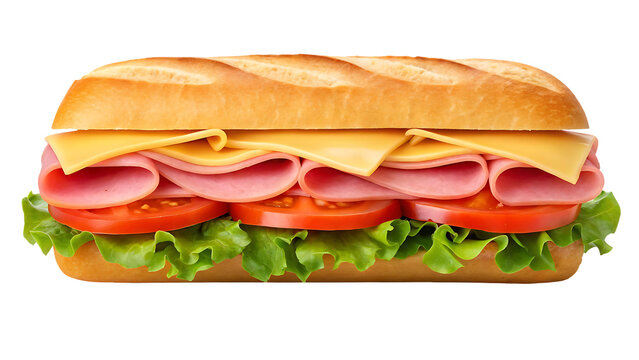 Delicious ham and cheese sub sandwich on a baguette.