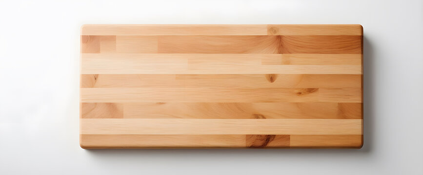 Cutting Board: An overhead shot of a pristine wooden cutting board, showcasing the natural grain and texture of the light-colored wood, perfect for culinary creativity.
