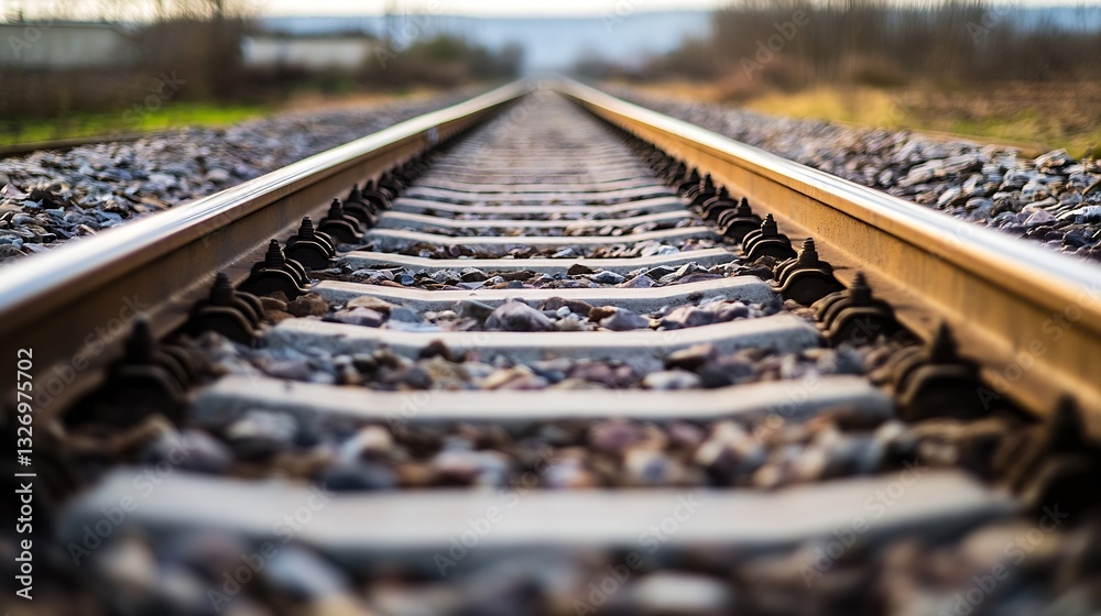 Poster closeup view of railway tracks stretching into the distance through a natural landscape under a clea