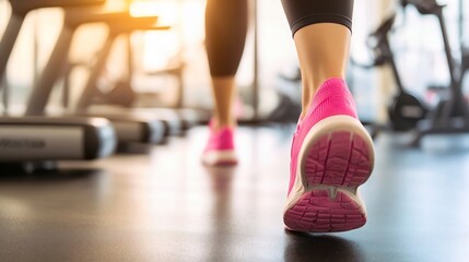 Athlete walking on treadmill in gym showcasing stylish pink running shoes for workout inspiration : Generative AI
