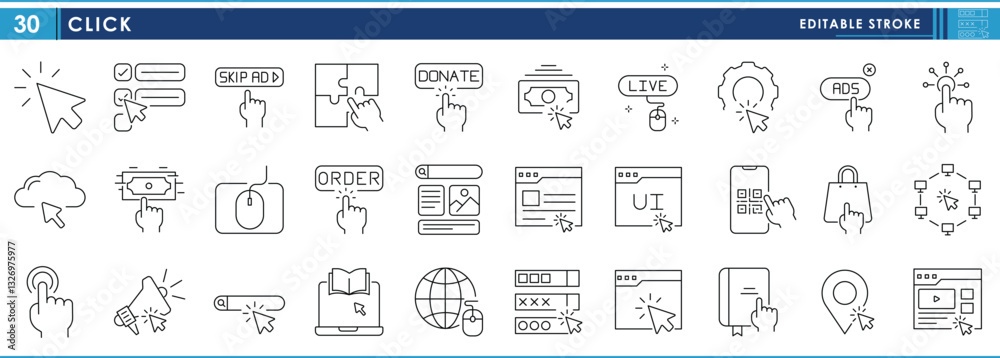 Poster a set of line icons related to click. various clicks interface. vector editable stroke.