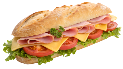 Delicious ham and cheese sub sandwich on a baguette.