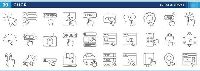 A set of line icons related to Click. Various clicks interface. Vector editable stroke.